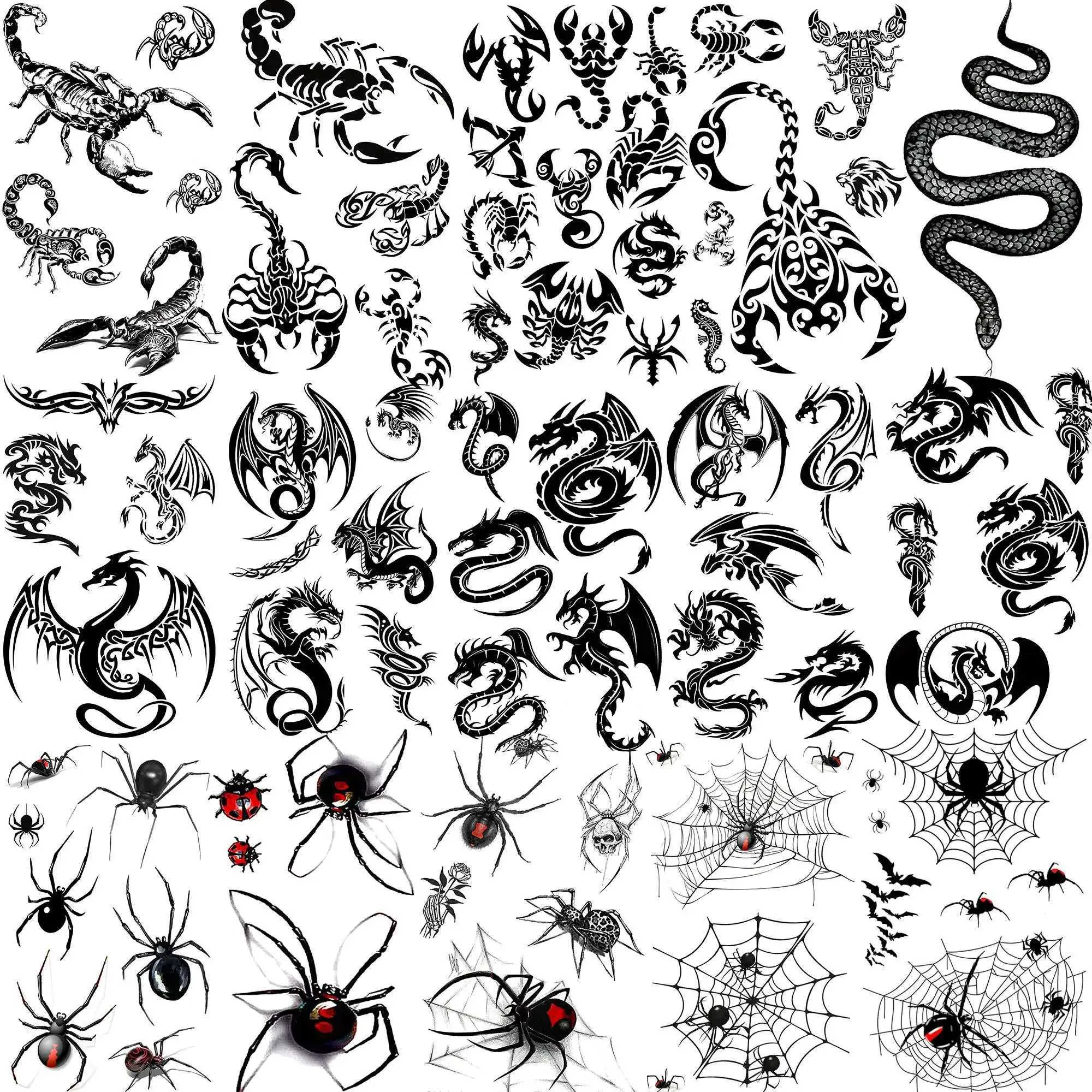 Tattoo Transfer 15 Sheets Totem Dragon Temporary Tattoos For Men Women Fake Scorpion Tribal Snake Tattoo Sticker Spider Web Black Tatoo Body Art 240426