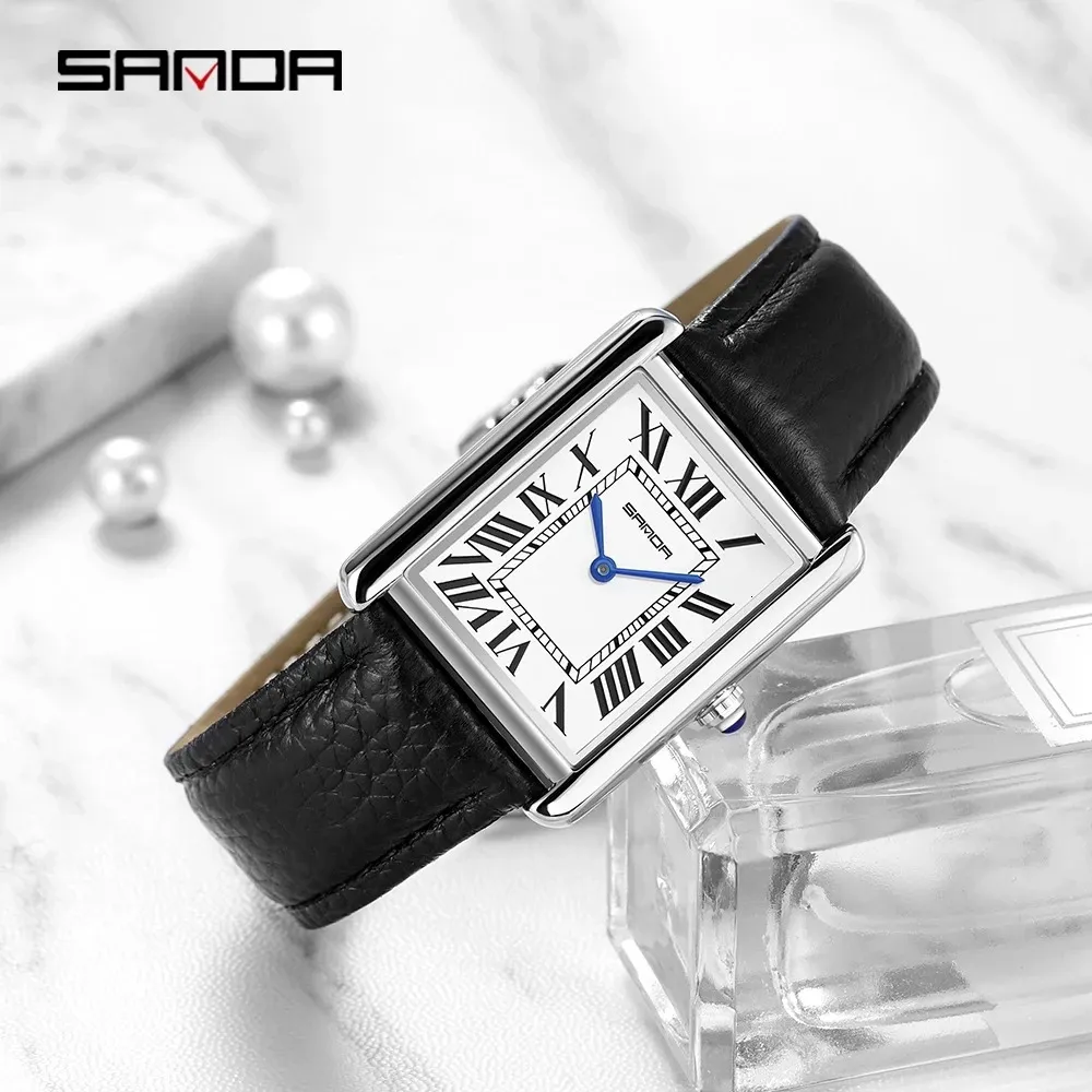 Sanda rechthoekige polshorloges voor vrouwen Silver Case horloges luxe merk Lederen band Quartz Clock Zegarek Damski 1108 240425