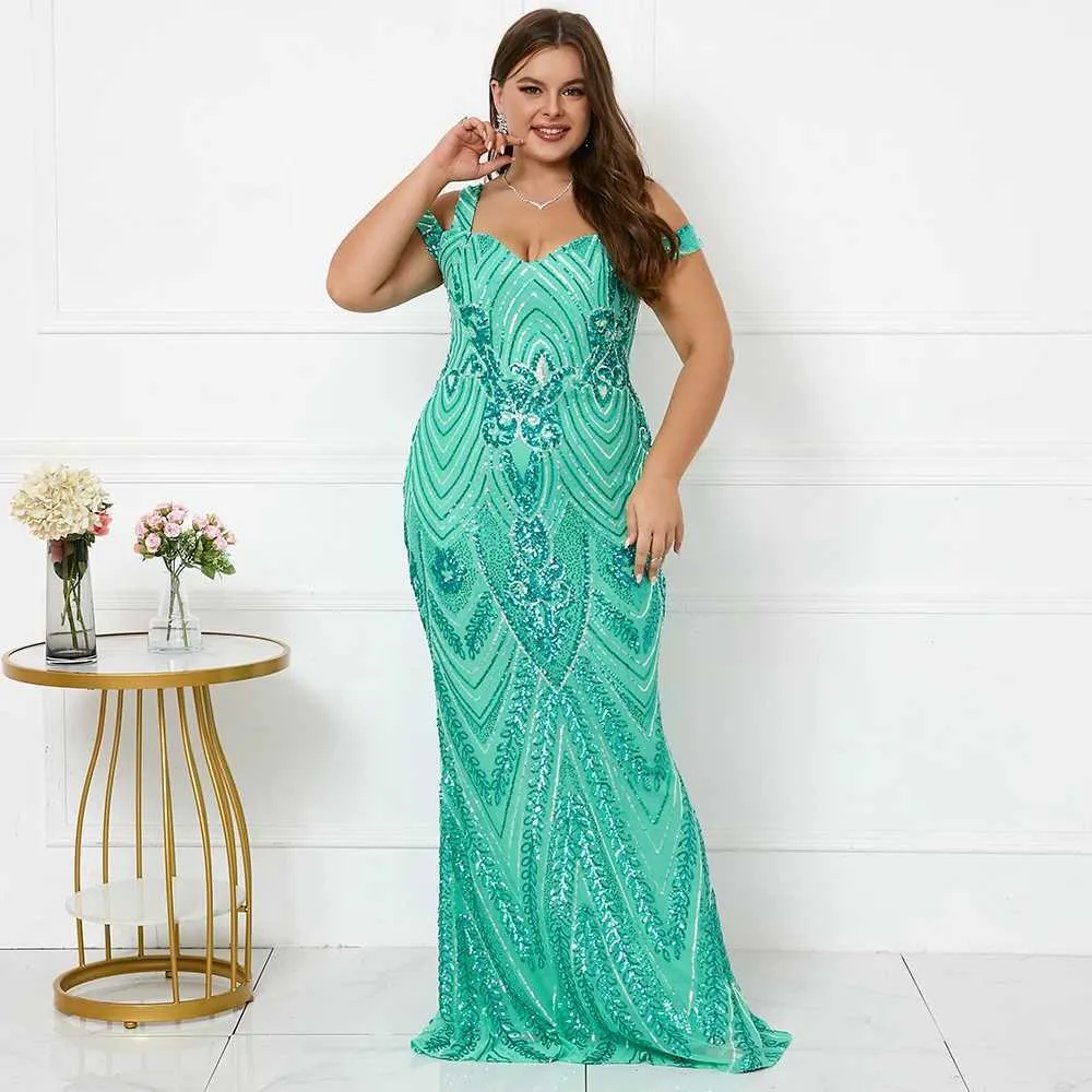 Runway Dresses Plus Size Women Elegant Strap Party Maxi Dress Blue Sequin Evening Dress Long Prom Dress Y240426