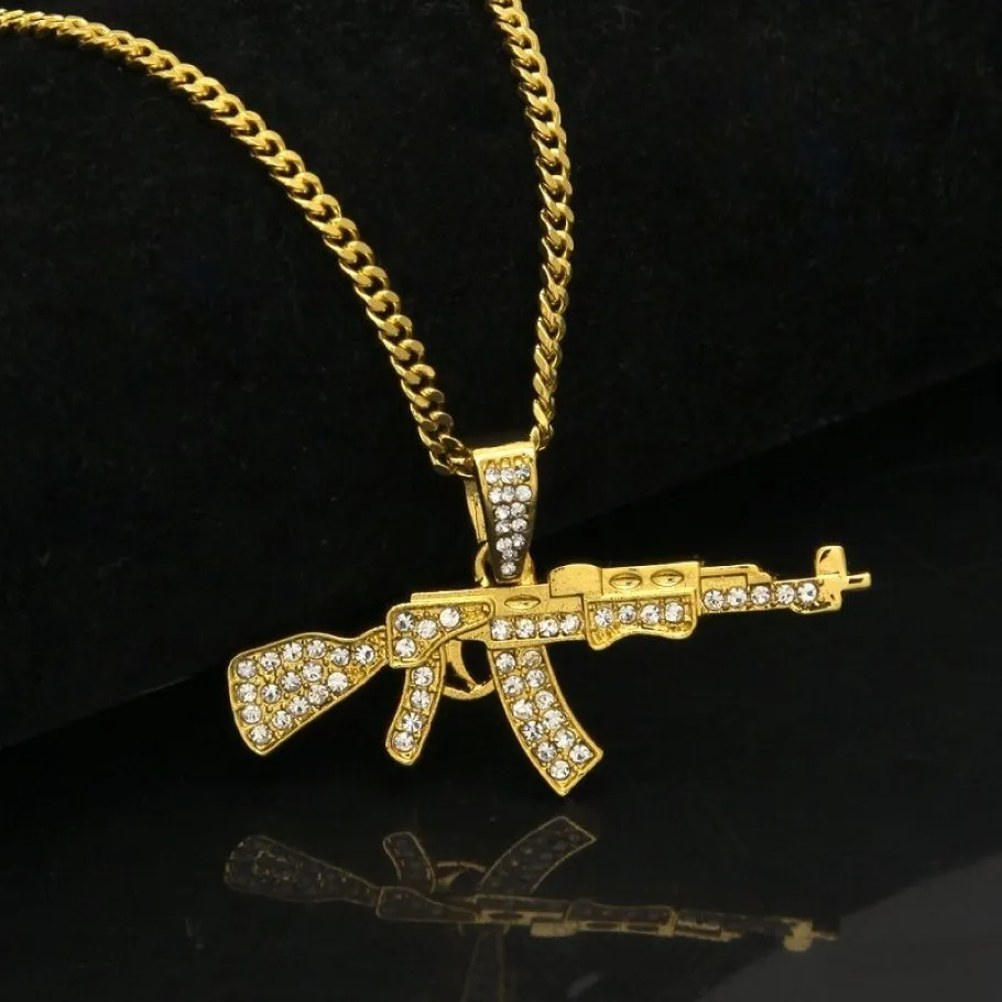 Gold ICED Out AK47 Anhänger Halskette für Herren Mode Hip Hop Jewelry Cuban Link Chain Halsketten233J
