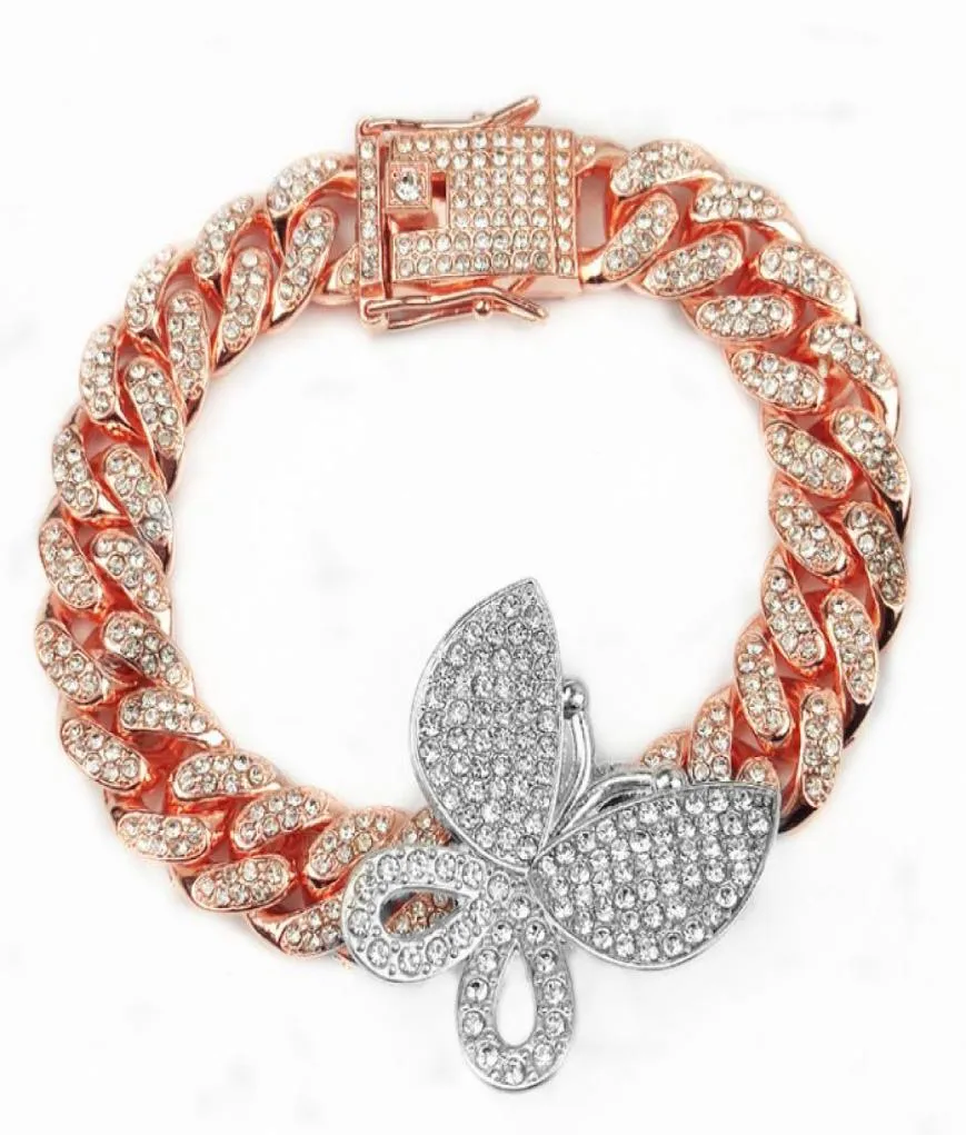 Iced Out Diamond Femmes Bijoux de chaîne de carrosserie Zircon Cuban Link Anklet Gold Silver Pink Butterfly Bracelets1281059