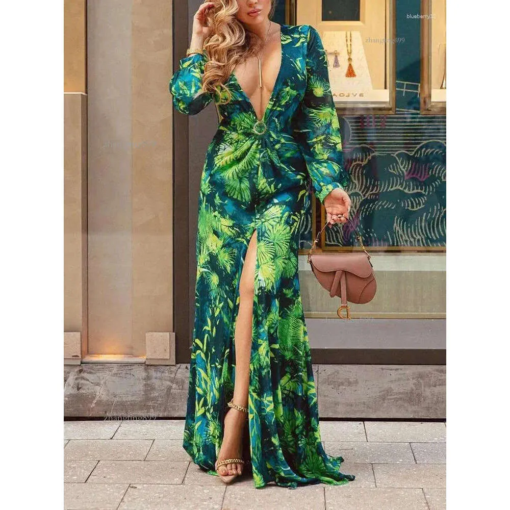 Casual Dresses Tropical Print Plunging Neck Split Thigh Maxi Dress Women Sexy  Long Printed V Neck From Zhangting899, $18.79 | DHgate.Com