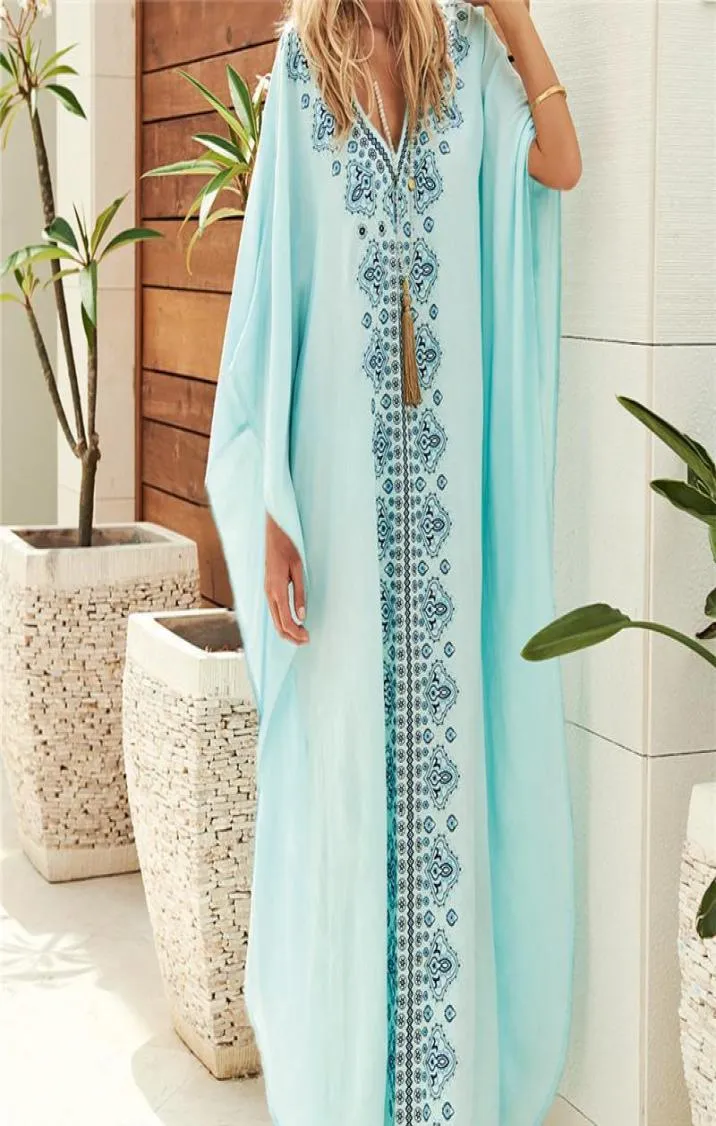 Bawełniana sukienka plażowa Kaftan Blue Tunika Kobiety Summer Plus Size Beach z nadrukiem Caftan Caftan Swimpits Długie szatę de Plage Sarongs1480234