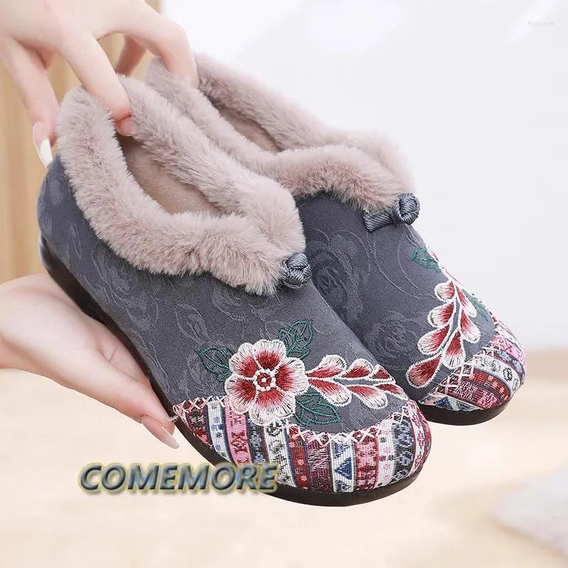 Casual schoenen klassieke winter geborduurd warme etnische stijl comfortabele zachte zolen moeders katoenen loafers vrouwen rond hoofd niet-slip