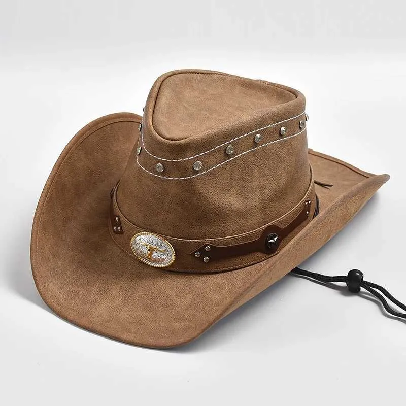 Breda randen hattar hink hattar nya % läder västra cowboy hatt tjurformade dekor panama hattar för män reser riddare country hatt sombrero hombre y240425