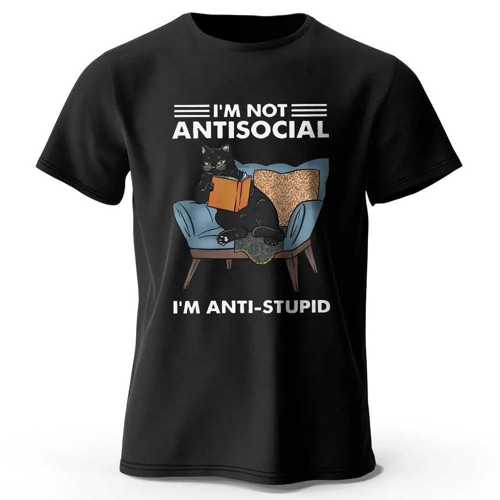 Mäns T-shirts män Jag är inte en antisocial tryckt T-shirt 100% Pure Cotton Oversimased Funny Cat Graphic T-shirt Lämplig för Mens Summer Tops J240426