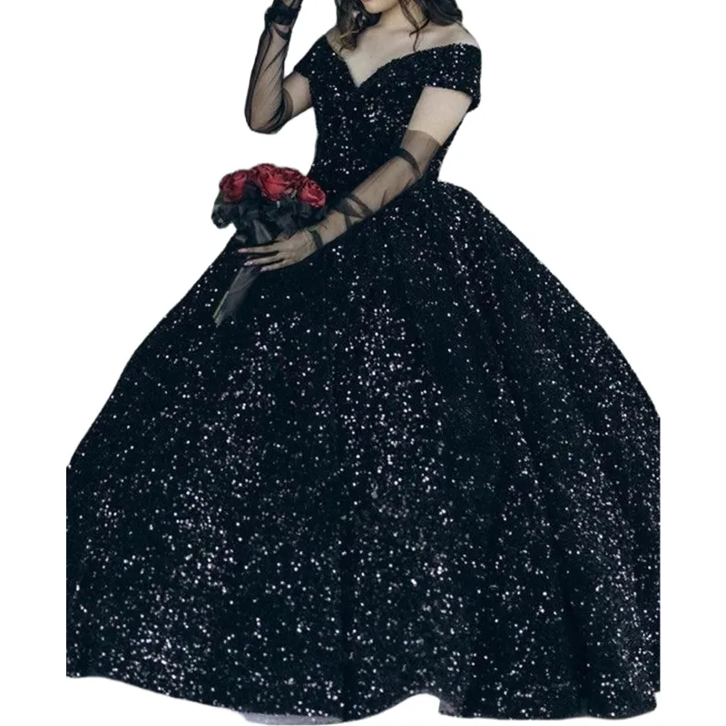 パーティードレス Black Sequinned Gown With Cape Black Glitter Net Sequins & Cutdana Embellished Gown With
