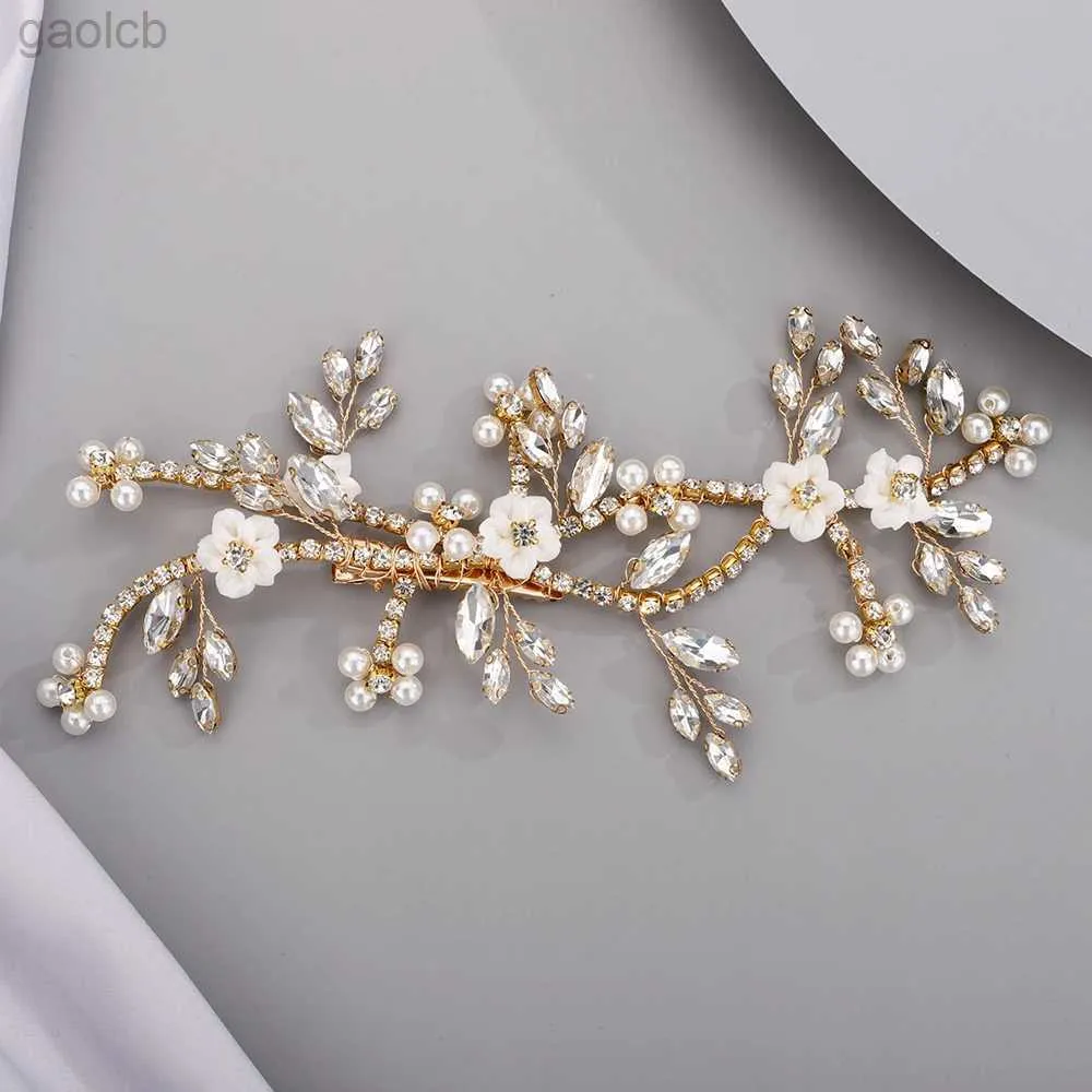 Hårklämmor Barrettes Rhinestone Hair Clip Gold Wedding Hair Accessories Handgjorda Pearl Bridal Head Smycken Blomma Huvudstycken Trendiga Tiaras 240426