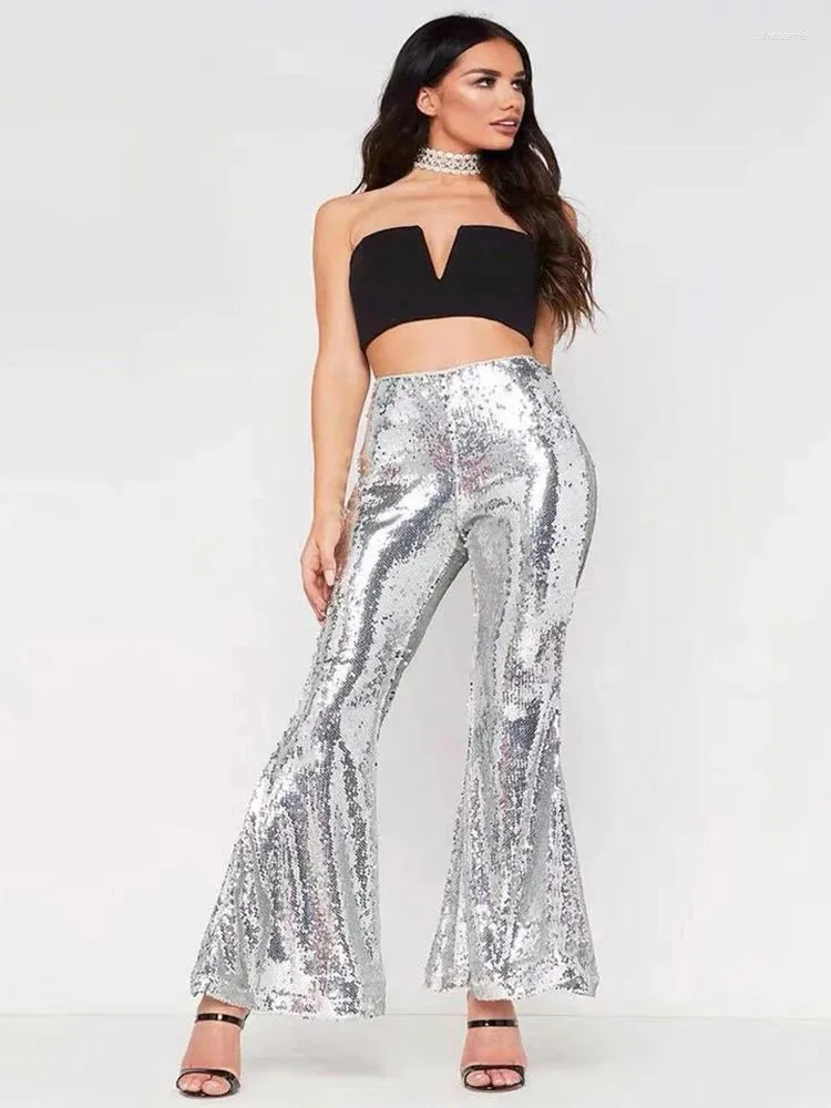 Frauenhose Frauen hohe Taille Pailletten Flare Ladies Mode Glitzer Silber Shinny Long Hosen weibliche sexy Clubparty Wear Bell