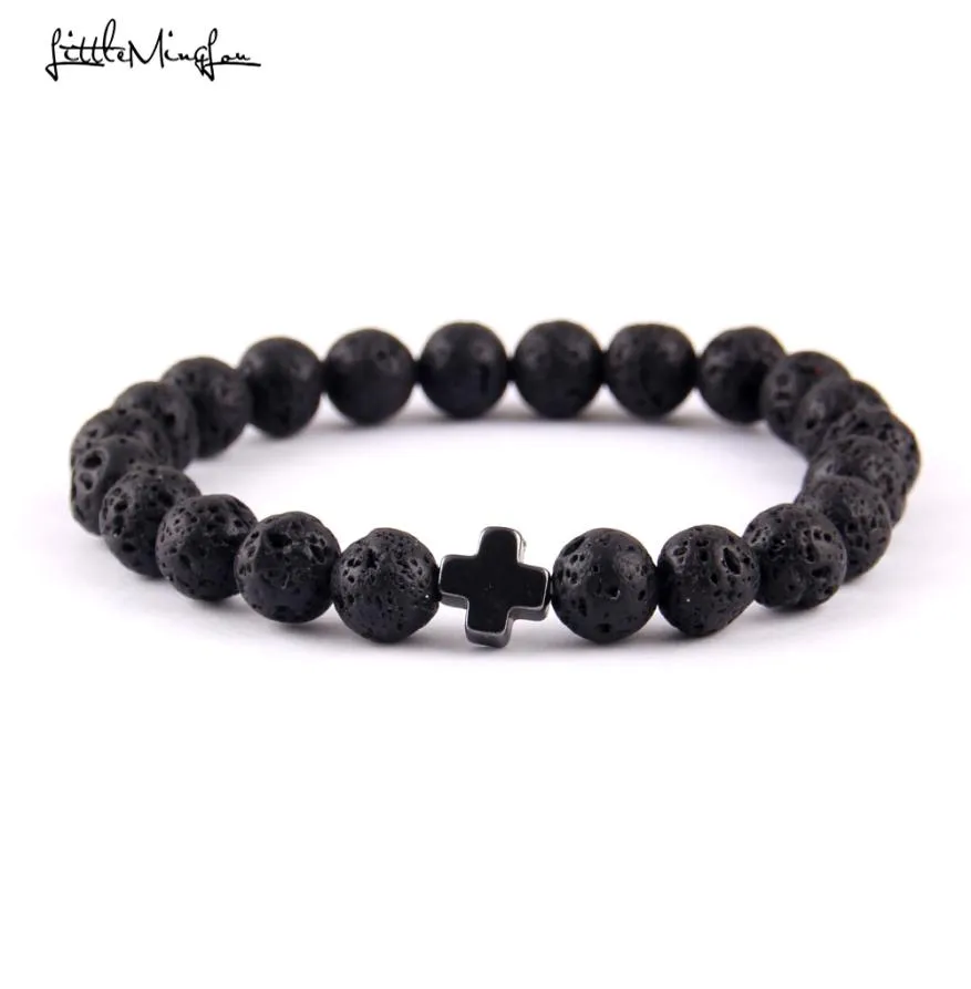 Little Minglou New Trendy Jesus Charm Mänarmband Black Lava Stone 8mm pärlor armband armband för kvinnor smycken7707779