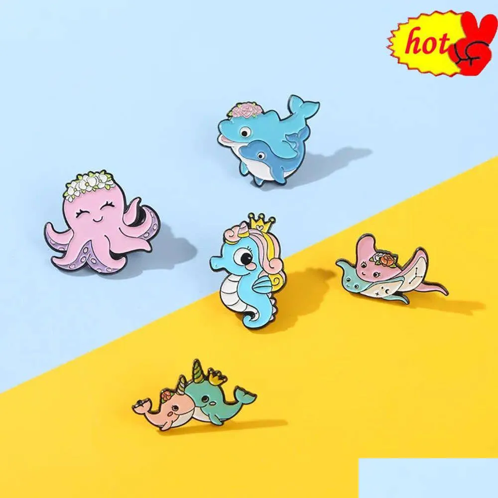 Pingentes pinos de lapela Carton Seahorse Whale Octopus Broches for Women Metal Lelloy Animal Animal Pet Broche Roupes Jóias Pin Fashi Dhwvv