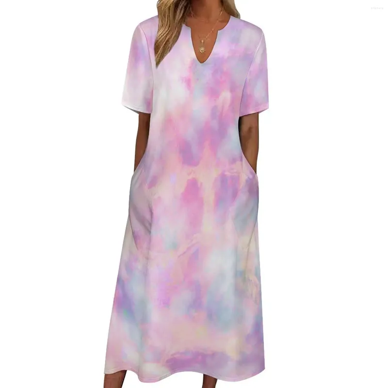 Повседневные платья розовое галстук платье Dye Summer Clorful Art Print Эстетическая богемия длинная дама элегантная идея подарка макси