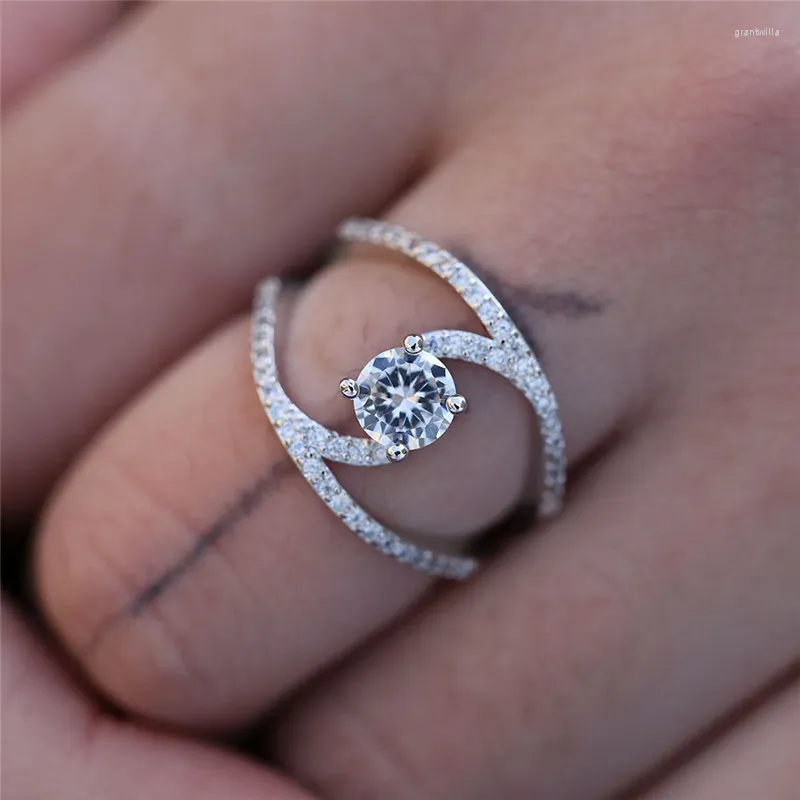 With Side Stones BUY Clear CZ Stone Ring For Women Unique Design Hollow Party Silver Color Engagement Jewelry Dropship