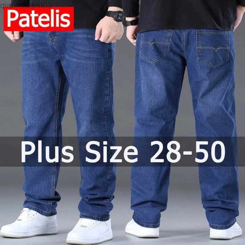 Jeans masculinos jeans jeans grandes tamanhos grandes 50 calças de jeans de tamanho grande elástico de alta altura adequadas para 45-150 kg de perna de largura de largura Pantalon Mensl2404