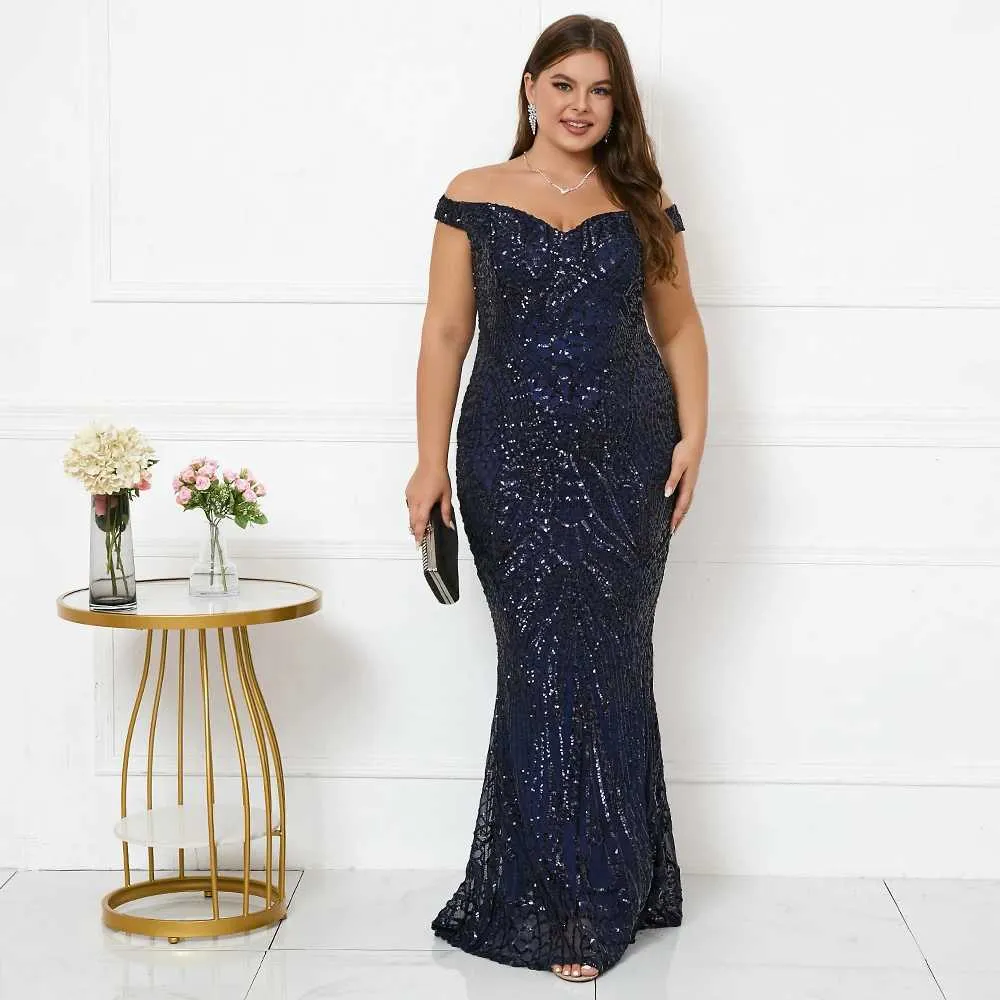 Navy Blue Plus Size Off-Shoulder Sequin Evening Gown for Women