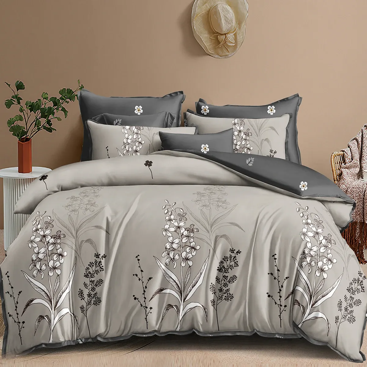 Travesseiro pequenas flores e folhas de cama com tampa de edredon 3 peças colchas com 2 travesseiros shams