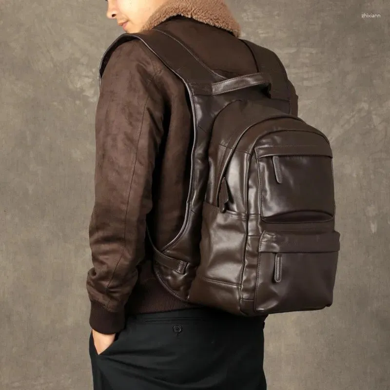 Рюкзак на открытом воздухе повседневный роскошный организатор подлинный кожаный мужской черный выходной