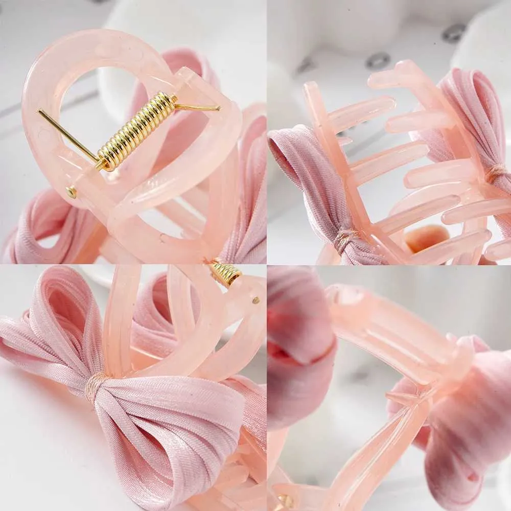 Clamps Ribbon Bow Hair Claw Hairpin HeaddressFashion Korea Sweet Barrettes Hair Clips Crab Women Headwear Ponytail Hair Accessories Y240425