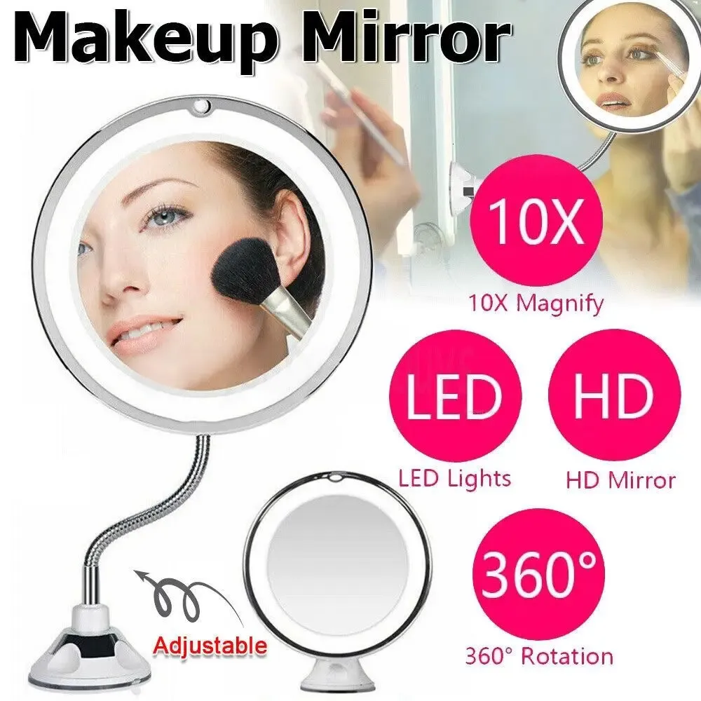 Elastyczne 360 ​​° Rotacja Powiadomienie Kubek Ssać 10x Makeup Mirror Mirror Mirror LED Vanity Mirror Brain Mirror 240416