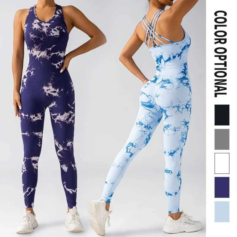 Tracksuits voor dames Tie Dye Yoga Jumpsuit Tutorial en heup lift broek naadloos ademende strakke passende pak sportkleding dames yoga set 240424