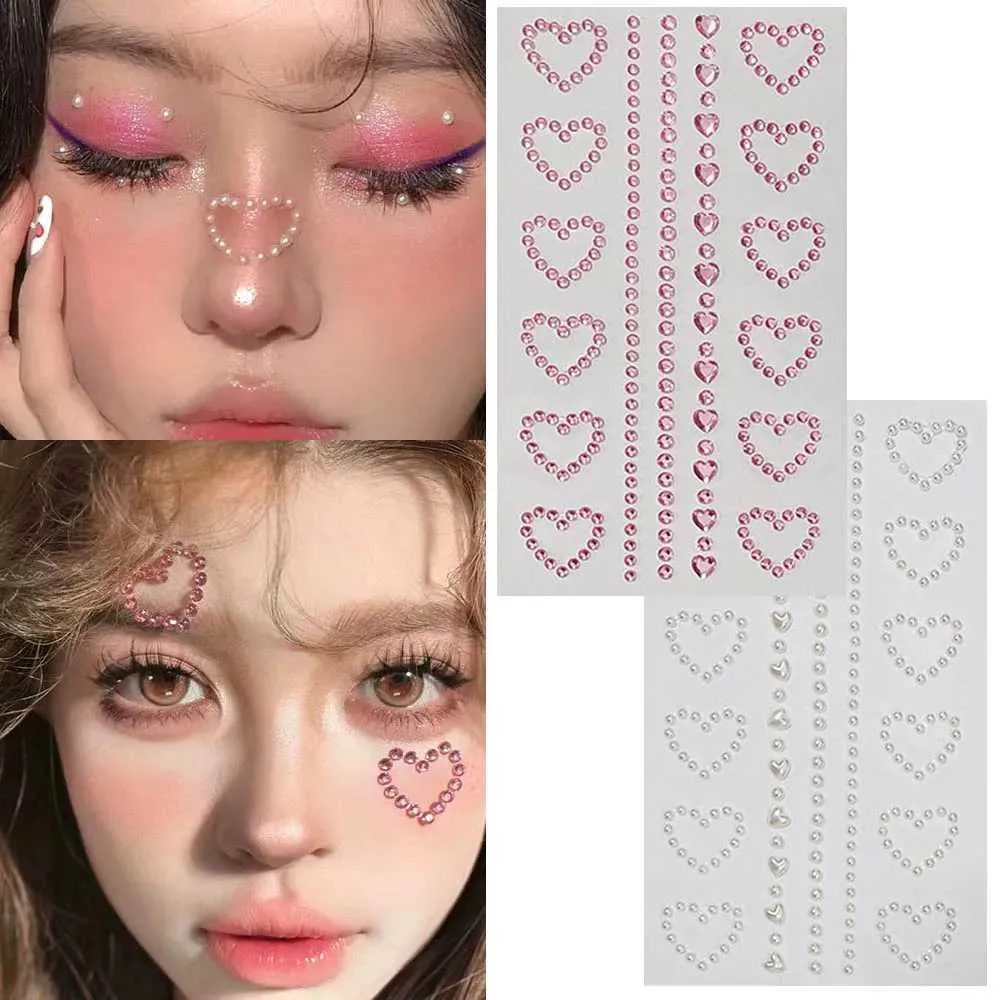 Tatueringsöverföring 3d ansiktsmycken kristall diamant tatuering klistermärken diy kvinnor ögon målla kropp rosa hjärta pärla strass 3d makeup konst steg 240426