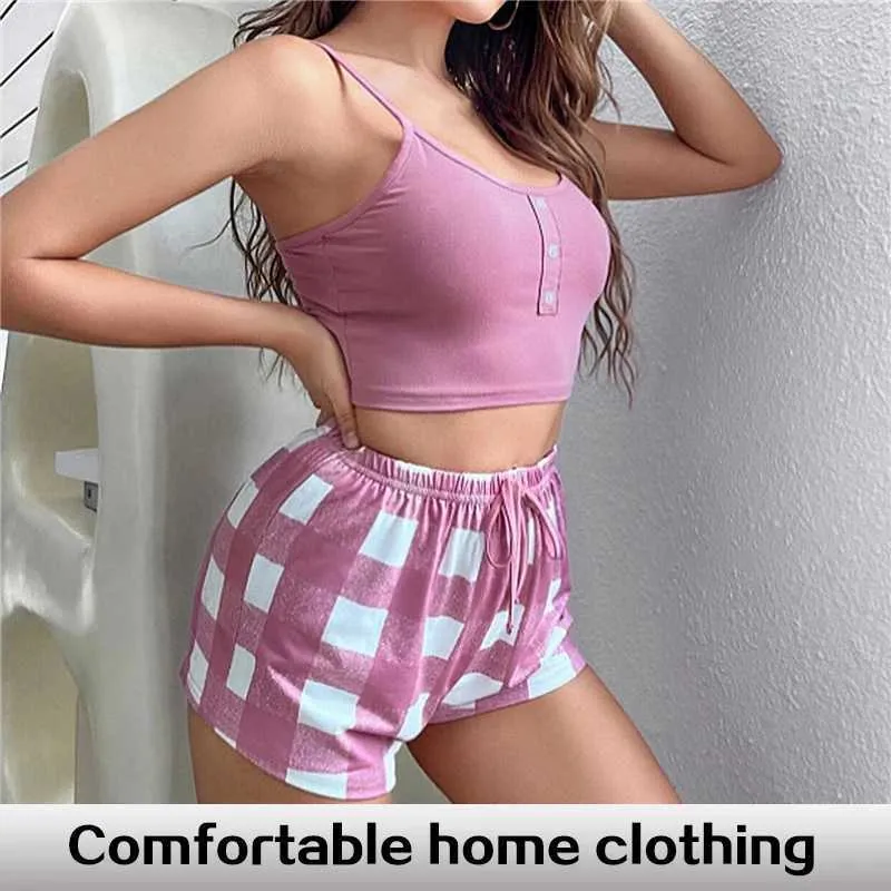 Dames slaapkleding Nieuwe tweedelig dames Suspender Top en patchwork geruite shorts Shorts Dames Home Casual pyjama's Set Y240426