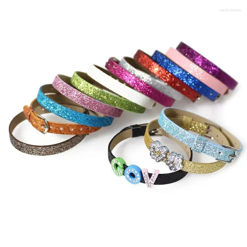 Bracelets de charme 10pcs/lote 8mm GLITTER PU PULHERD IMPORTAÇÃO DIY Pulseira Diy Bangle Fit for Slide Charms Letters Acessory Jewelry Gift