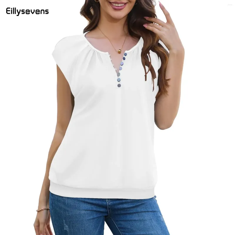 Women's Tanks Solid Color Casual V Neck Short Sleeve T Shirt Fashion Pinhole Button Top Summer Loose With Office Tops Female 2024