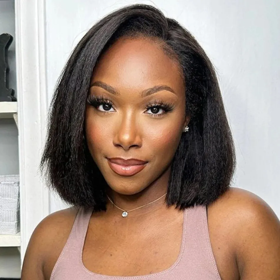 Lace Front Human Hair Bob Wig Yaki Straight Glueless Short  display picture 1