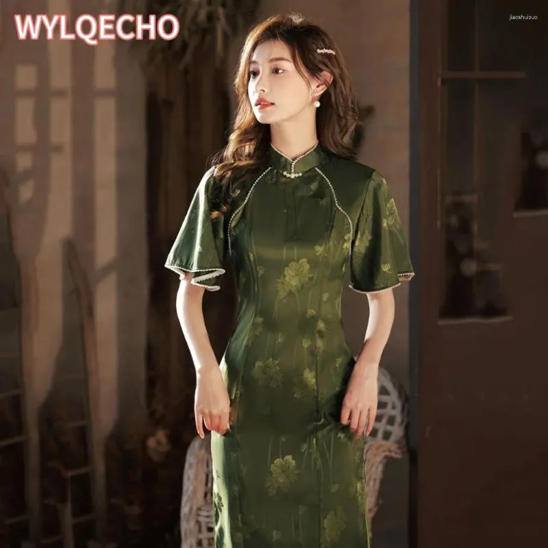 Etnische kleding cheongsam jurk moderne 2024 vrouwen verbeterde qipao lange taille Chinese stijl zoete groene vrouw