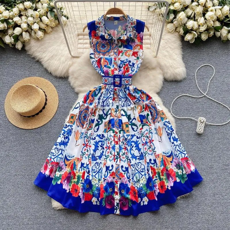 Casual Dresses Summer Blue and White Porslin Tank Dress Women's Lapel Sleeveless Single Breasted Floral Print Belt Beach Party Vestido