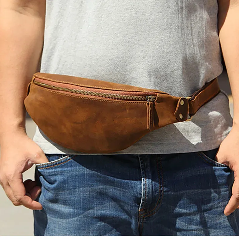 Pacotes de cintura de couro louco genuíno para homens mini viagens fanny pack cintury saco masculino saco de cintura bolsa bolsa de verão 240419