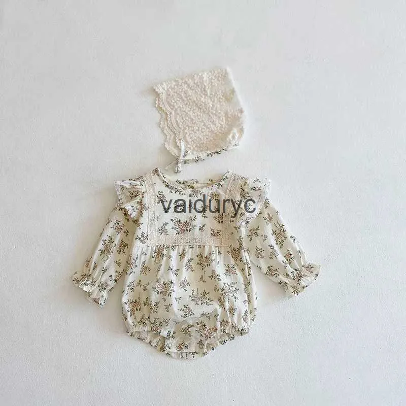 Rompers lente babykleding bloemen peuter meisjes bodysuits baby jumpsuit met kanten hoed meisjes bovenkleding h240509