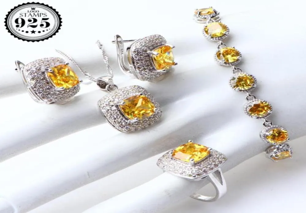 Kostym smycken uppsättningar gula kubiska zirkoniumsilver 925 smyckörhängen för kvinnor vigselring halsbandhänge set gåvor box cx2008717906
