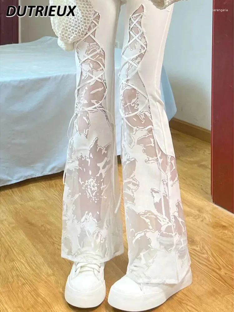 Pantalon féminin haute fille à la mode douce été 2024 Cousue de dentelle de dentelle de pantalon décontracté légèrement évasé