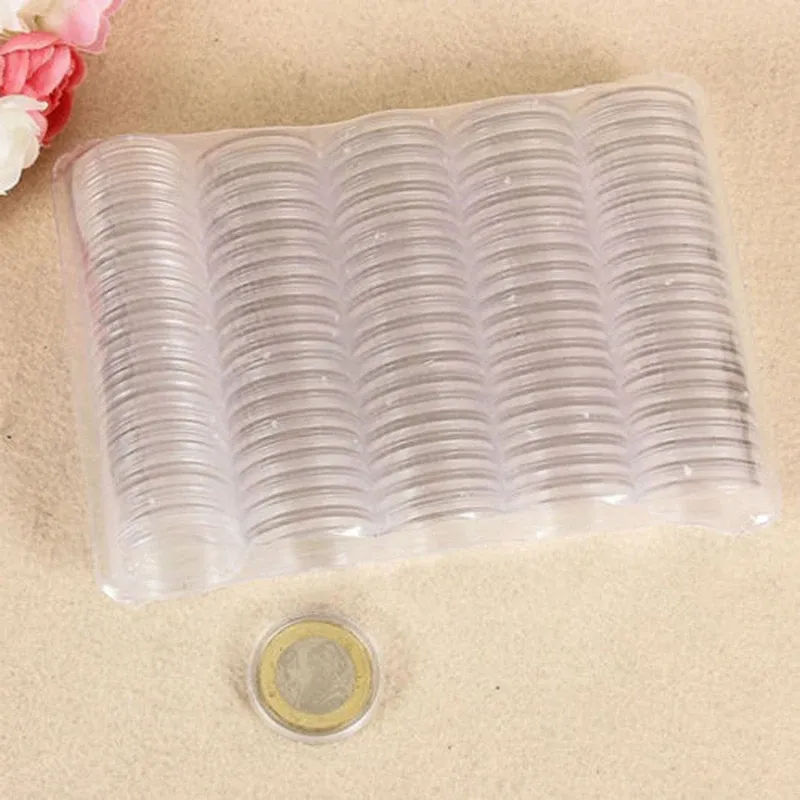 Bodes 100pcs Boîte de rangement de pièce transparente Capsules de monnaie en plastique rond