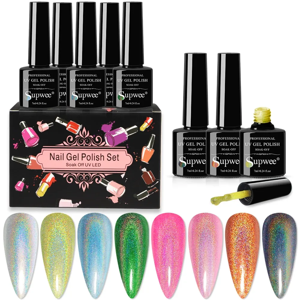 Gel Supwee 8pcs Giltter Gel Policio de uñas Juego de uñas Holográfico para Manicura Suminamiento semi permanente Off UV láser brillando gel barniz arte de uñas