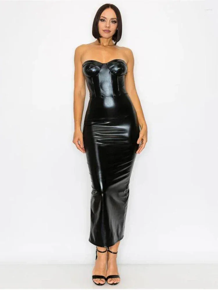 Casual Dresses Backless Black Faux Leather Long Dress Women Sexig bodycon Strapless Slim Hem High Split Maxi Party Custom Chest Wrap