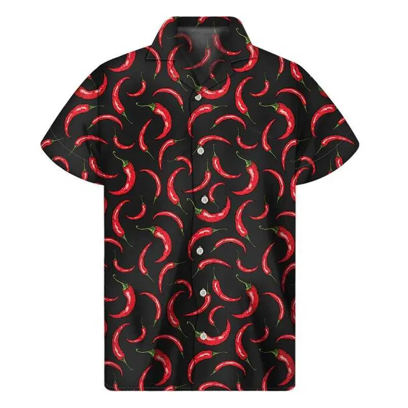 Mäns avslappnade skjortor färgglada chili mönster skjorta för män 3d tryck peppar hawaiian skjortor sommarknapp kort ärm toppar gata lapel aloha blus 240424