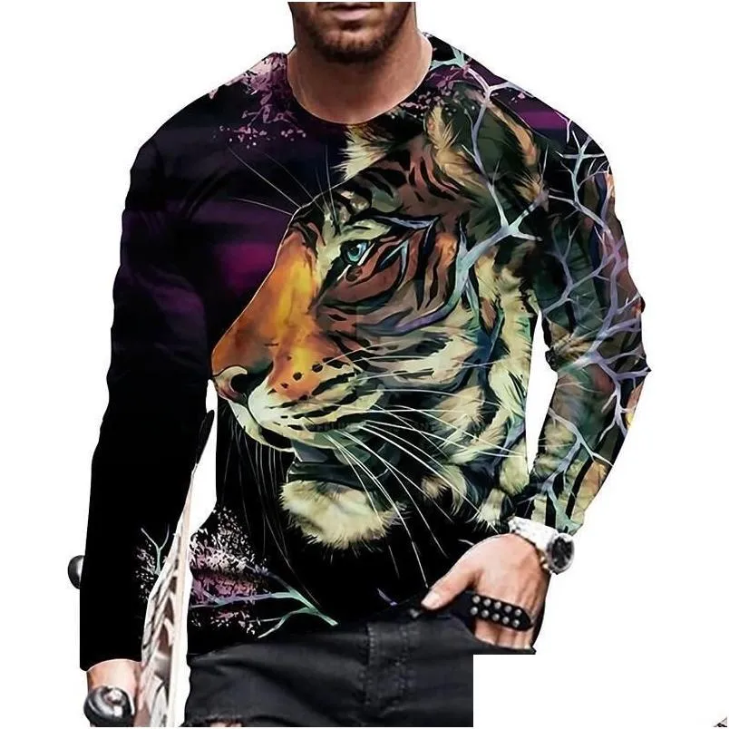 Men'S T-Shirts Mens Vintage Print T-Shirt 3D Tiger Lion Shirt Animal Long Sleeve Loose O- Neck Summer Cotton Tops Oversized 5Xl Clot Dh8Gh