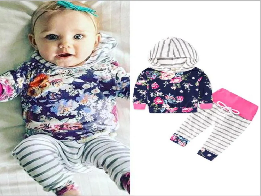 Nyfödda spädbarnsflickor Floral randiga hoodie topsspants 2pc outfit kläder set grå höst vinter babykläder set2599979