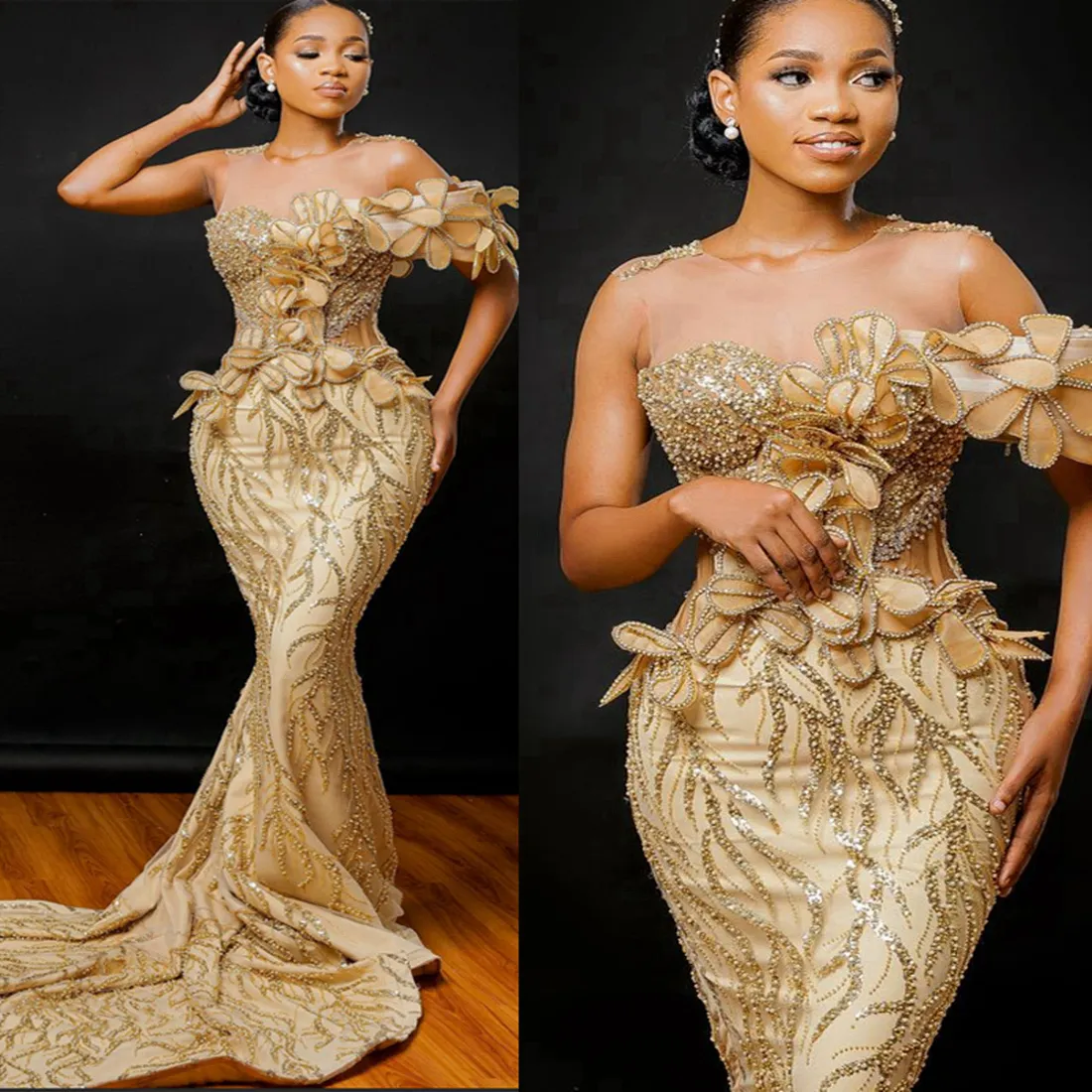2024 Luksusowe złote sukienki na bal maturalne dla czarnych kobiet iluzja iluzja Sheer szyi koraliki koronkowe perły ozdobioną rękę Made Flowers Sukienki urodzinowe Suknie Recepcja AM753