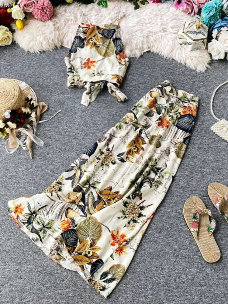 الصيف الأنيقة الأزهار التنانير بدلة النساء السباغيتي حزام الحزام أعلى الخصر سايا قطعتين مجموعة أنثى شاطئ OCN الملابس 240415