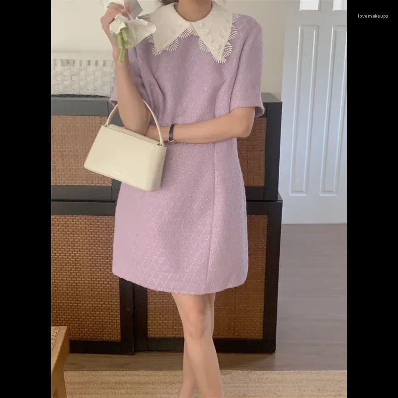 Abiti casual Korea Chic Sweet Fashion Dress Femmina femmina a maniche corte Stitching pizzo piccolo fragranza mini donne