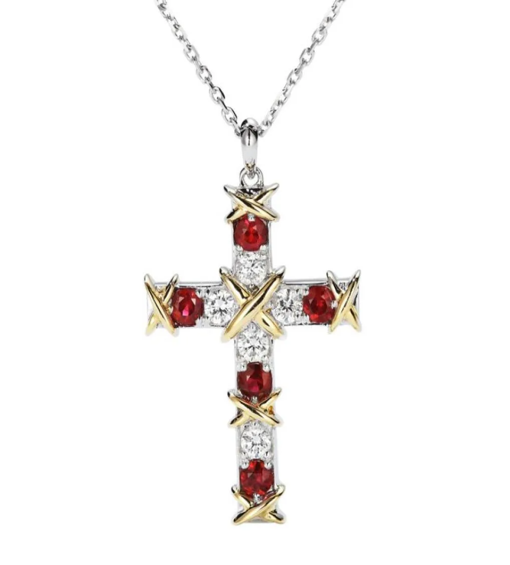 Simple Ruby Diamond Cross Pendant Real 925 Sterling Silver Party Wedding Pendants Necklace For Women men moissanite Jewelry Gift6308705