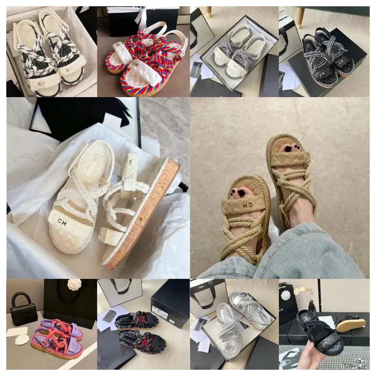 2024 Sandals Femmes Chaussures Channel Chanells Chanelsandals Corde tressée avec un style décontracté traditionnel Créativité simple Sandales noires Sandales