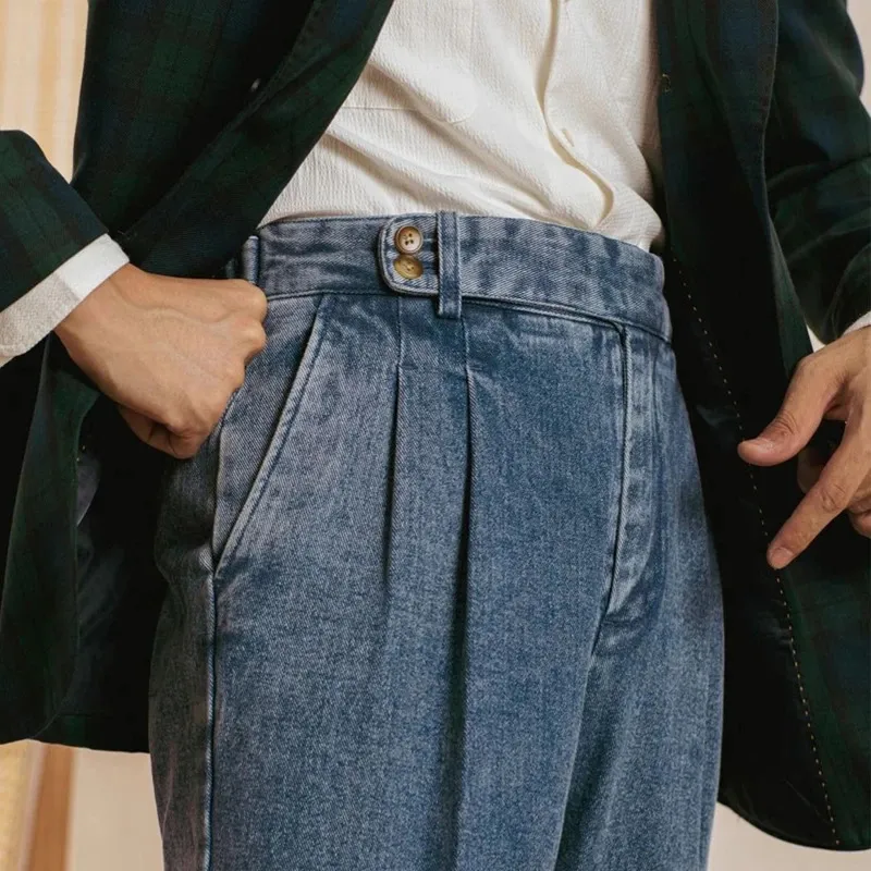 Neapolitan Style Men's Denim Trousers: Double Fold Waist, Retro Casual  Pants Shop Now!