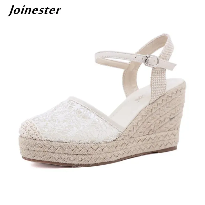 Boots Women Summer Wedge Pumps Lace Air Mesh Sandals Ladies Ankle Strap Fisherman Sandal Chaussure Femme Straw Braided Female Wedges