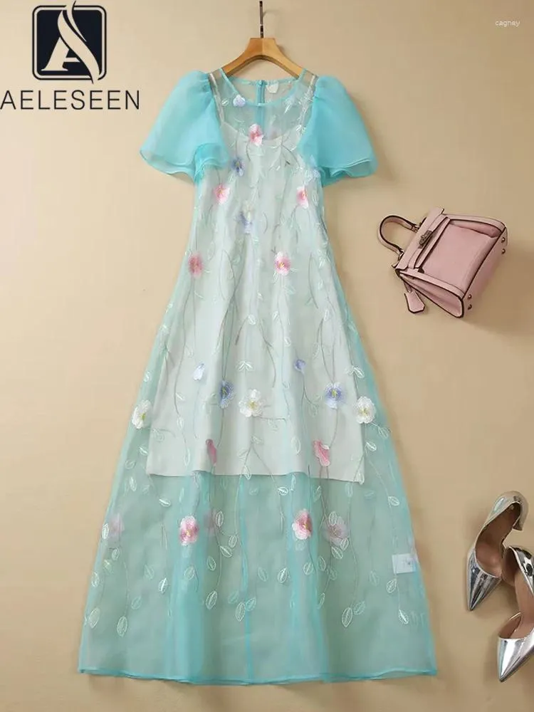 Платья для вечеринок Aeleseen Fashion Fashion Женщины летние платье сетка сетчатой ​​рукав синий цветочный вышивка прозрачный длинный праздник
