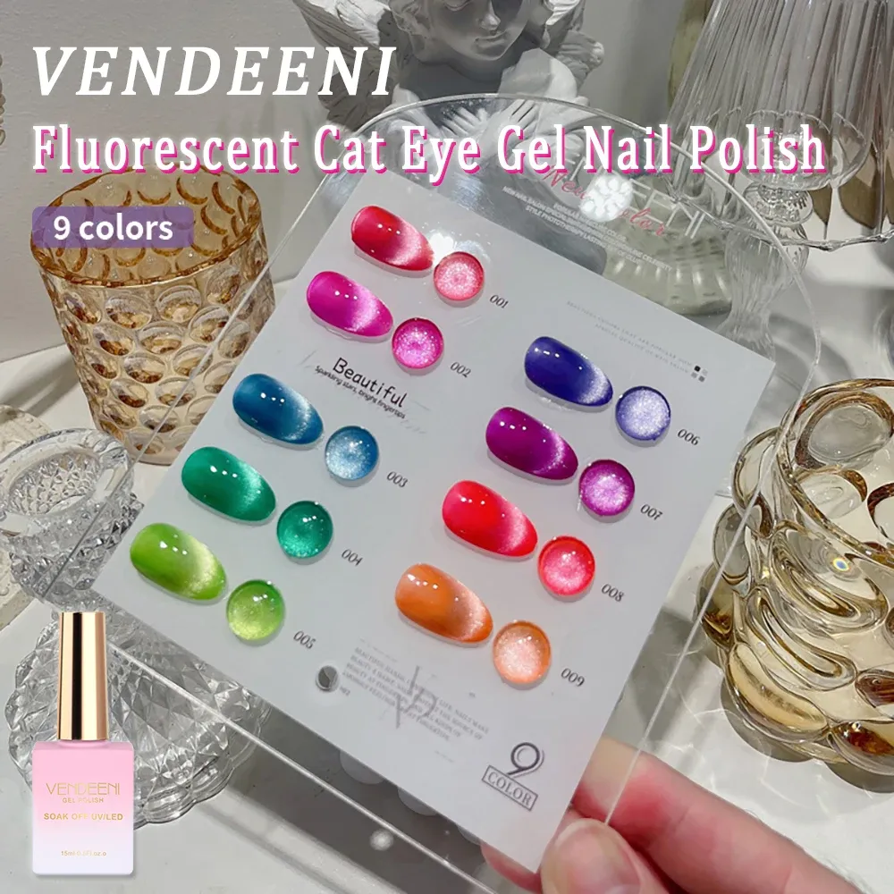 Kits Vendeeni 9 kleuren/set fluorescerende kat ooggel nagellak magnetische uv led Soak Off gel lak spar cat oog nagel kunst gelvernish